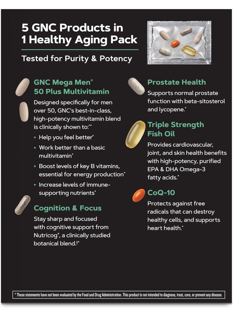 GNC Mega Men 50 Plus Vitapak Program, Convenient Complete Nutrition, 5 Products in 1 Vitamin Pack, Multivitamin, Fish Oil, Mental Sharpness, Ginkgo, Prostate Health, 30 Packets, 30 Day Supply - Image 3